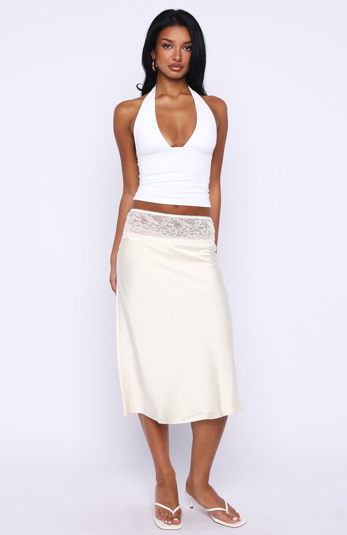 White Fox For A Long Time Lace Trim Midi Skirt Cream