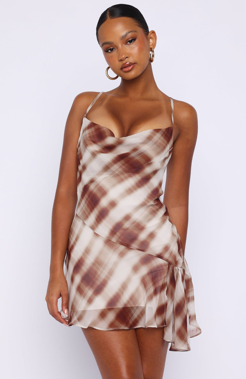 White Fox Personal Touch Cami Mini Dress Chocolate Plaid