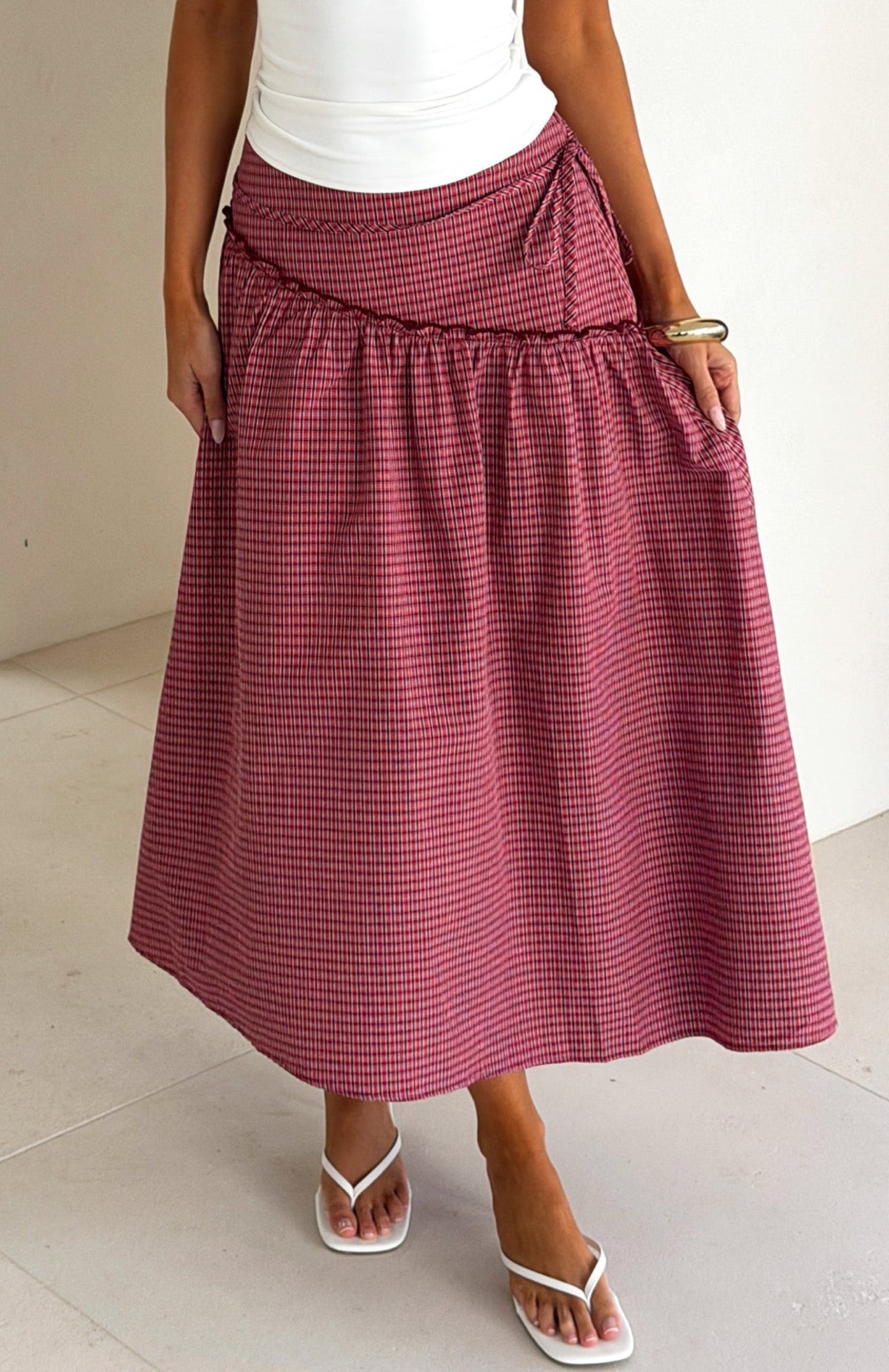 White Fox Feeling Groovy Maxi Skirt Red Gingham