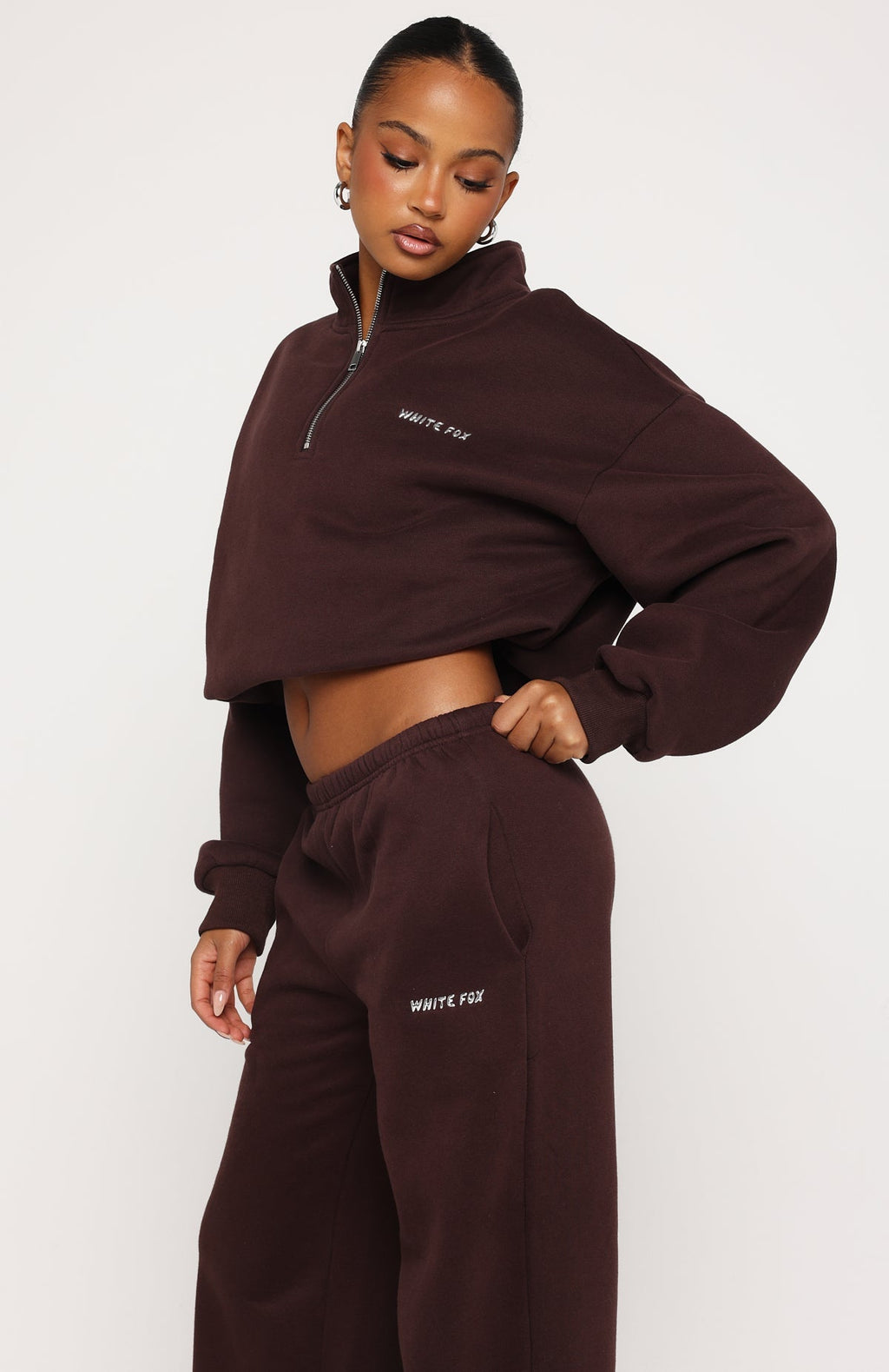 White Fox Test Drive Boxy Quarter Zip Sweater Chocolate