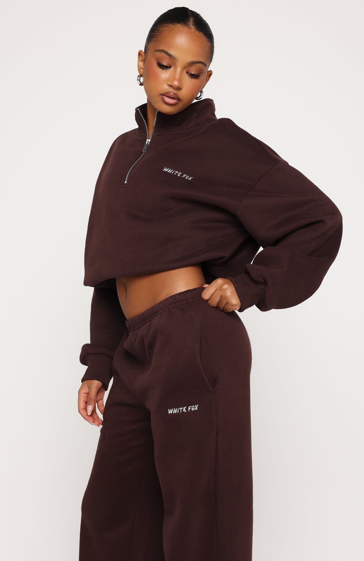 White Fox Test Drive Boxy Quarter Zip Sweater Chocolate
