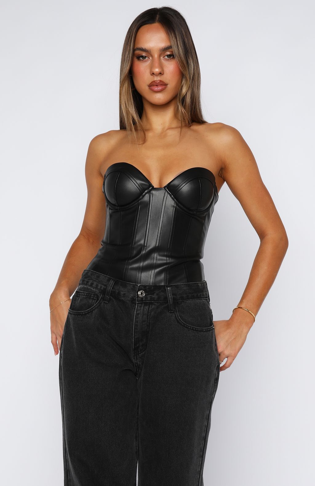White Fox Honestly I Do Strapless PU Bodysuit Black