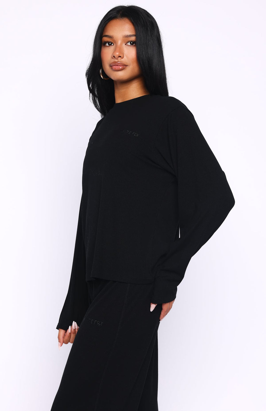 White Fox Come A Long Way Soft Lounge Long Sleeve Ribbed Tee Black