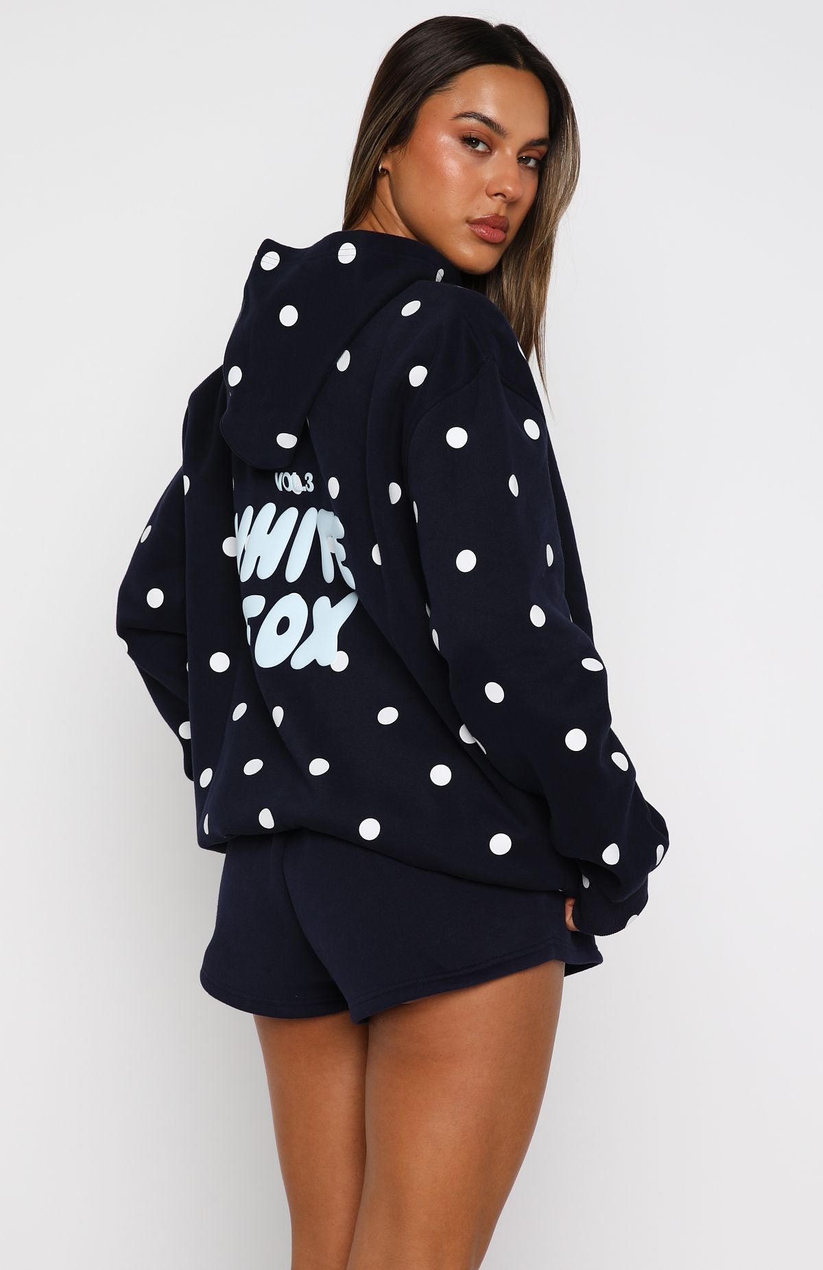 White Fox Offstage Printed Oversized Hoodie Navy Polka Dot