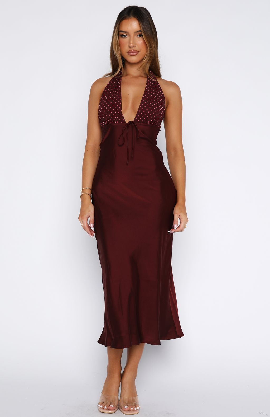 White Fox Guess You Miss Me Halter Midi Dress Burgundy/Pink Dot