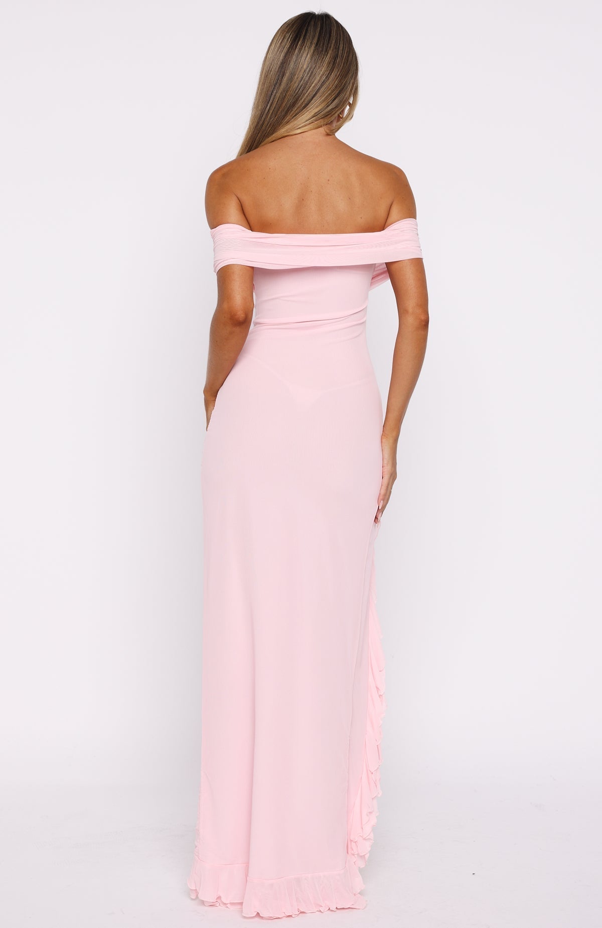 White Fox Icon In Motion Off Shoulder Maxi Dress Baby Pink