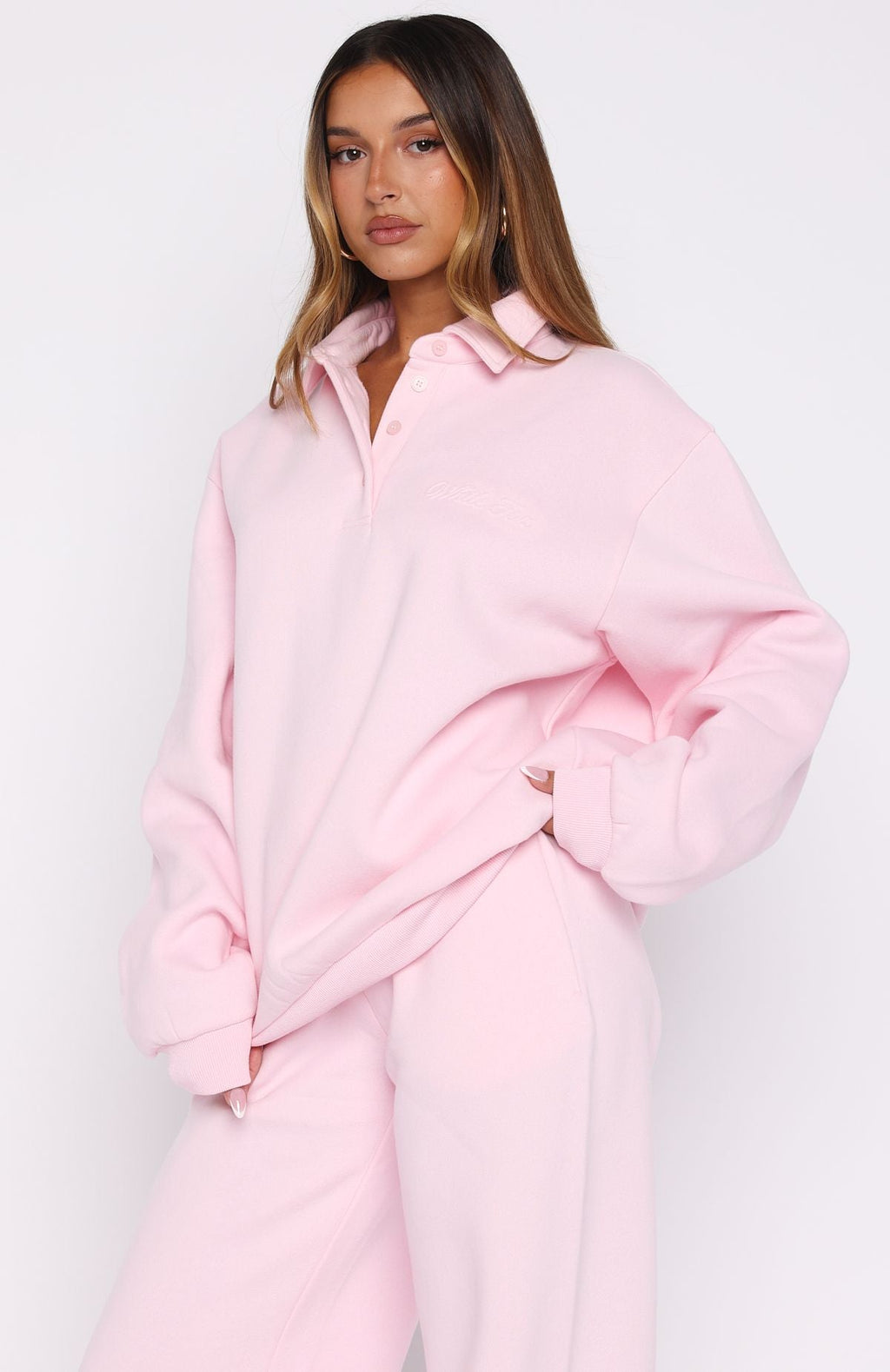 White Fox Chill Moves Oversized Henley Sweater Pink
