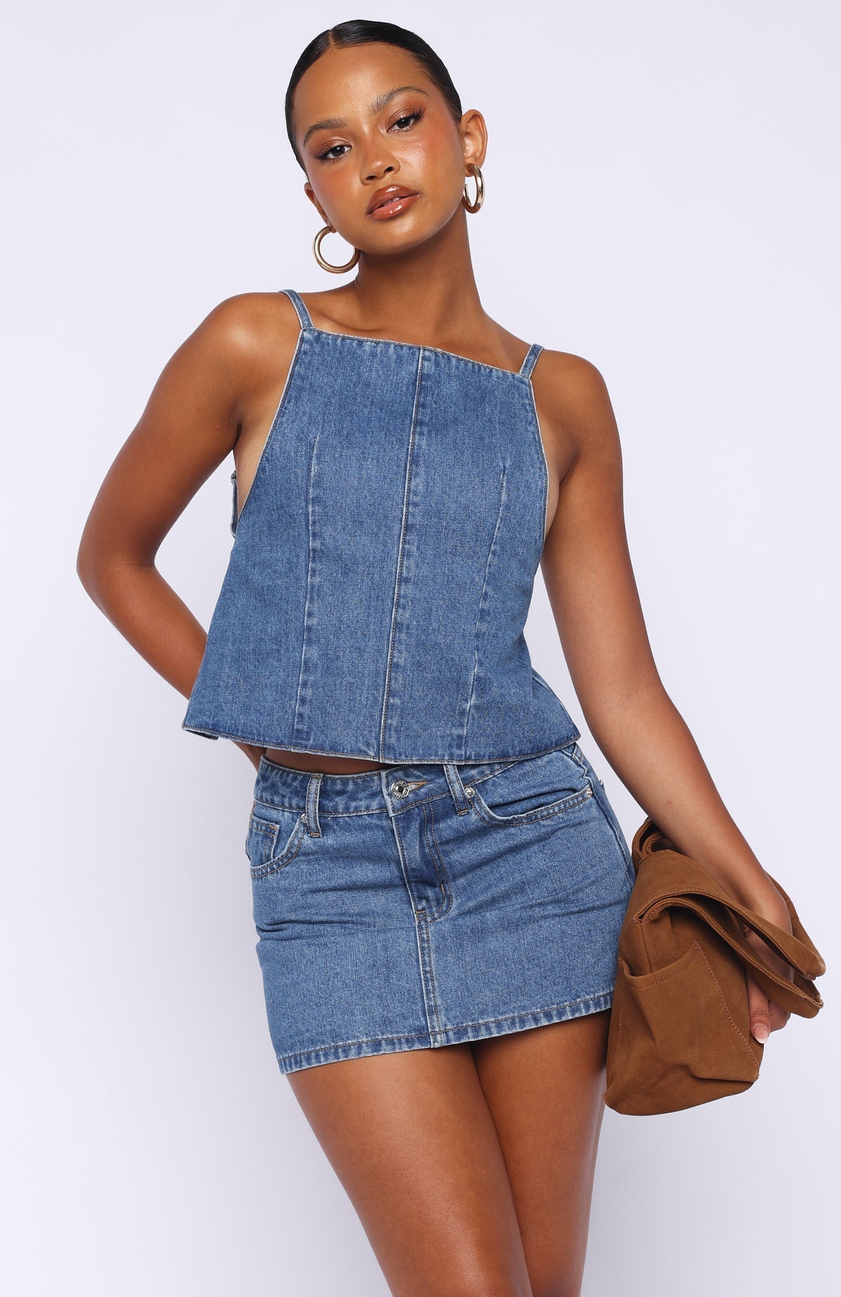 White Fox Happiness Is Key Mid Rise Denim Mini Skirt Admiral Blue
