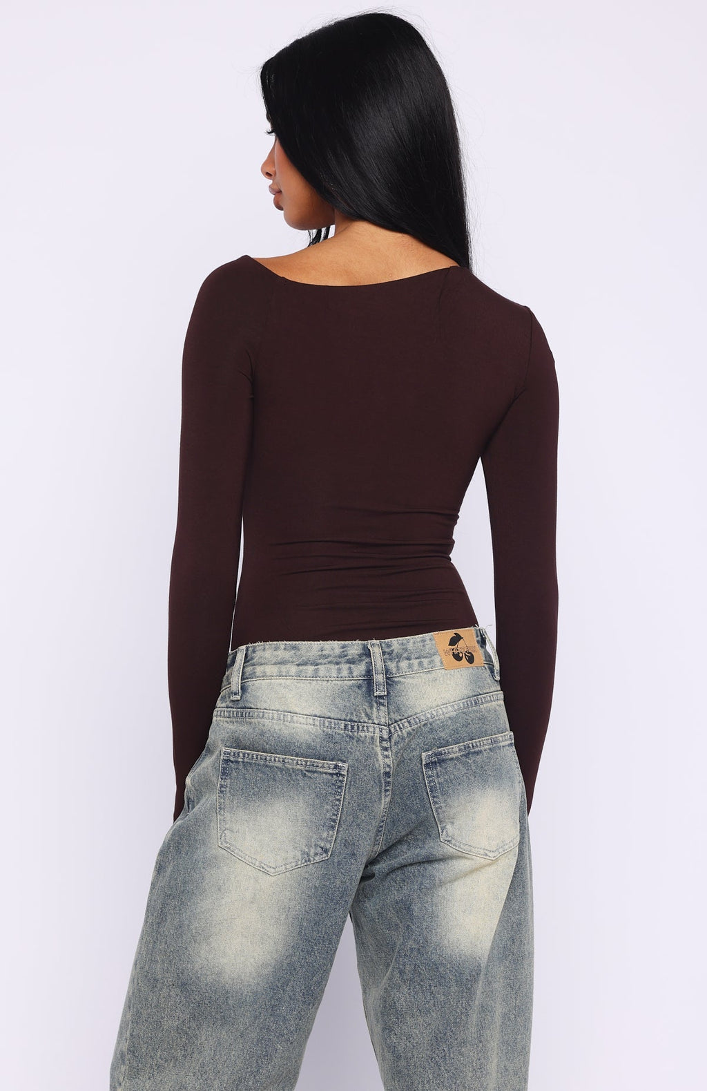 White Fox Double Down Long Sleeve Bodysuit Dark Chocolate