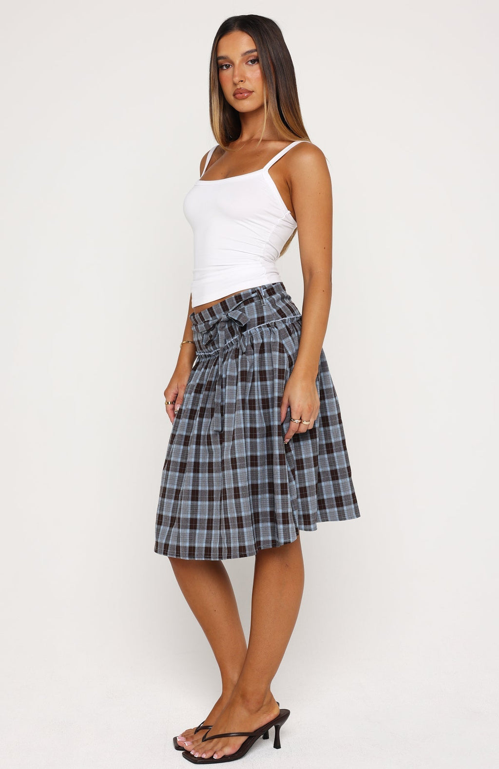 White Fox Make You Blush Midi Skirt Blue/Chocolate Check