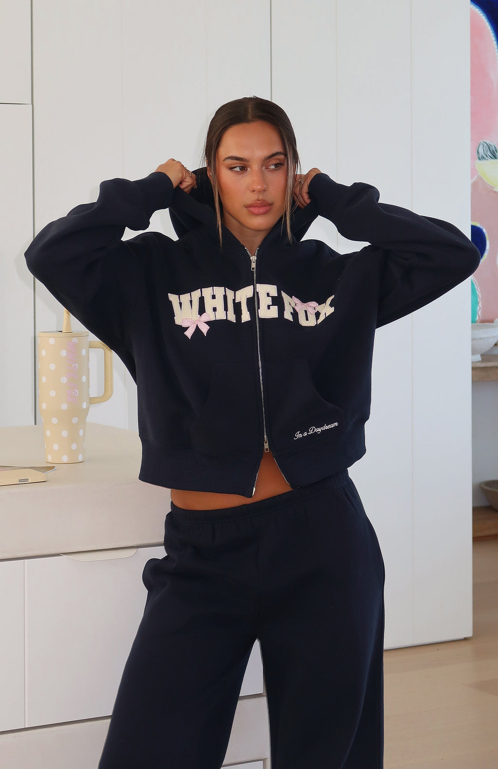 White Fox Daydreamers Madeline Boxy Zip Front Hoodie Navy