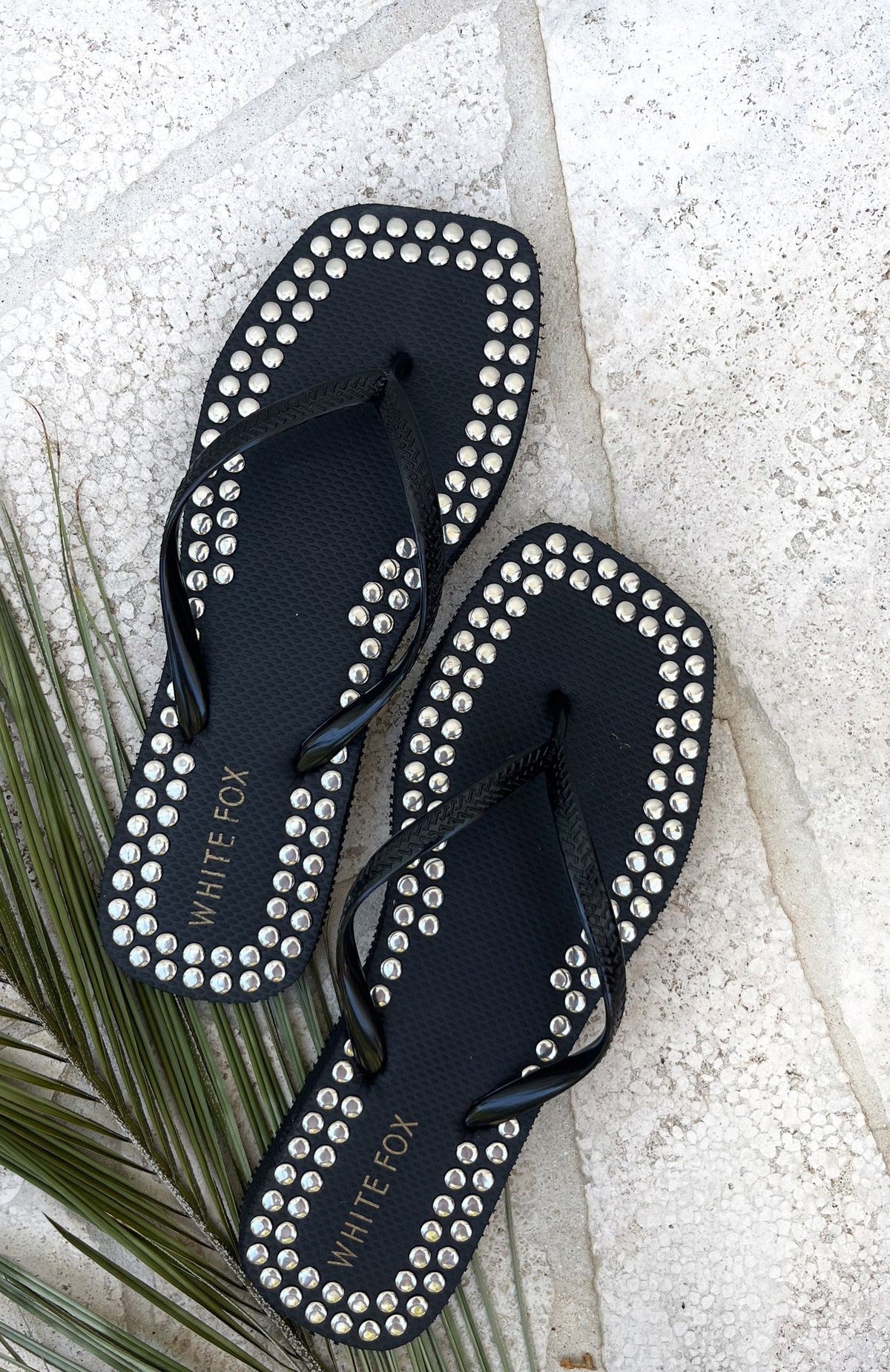 White Fox Eyre Studded Thong Sandals Black