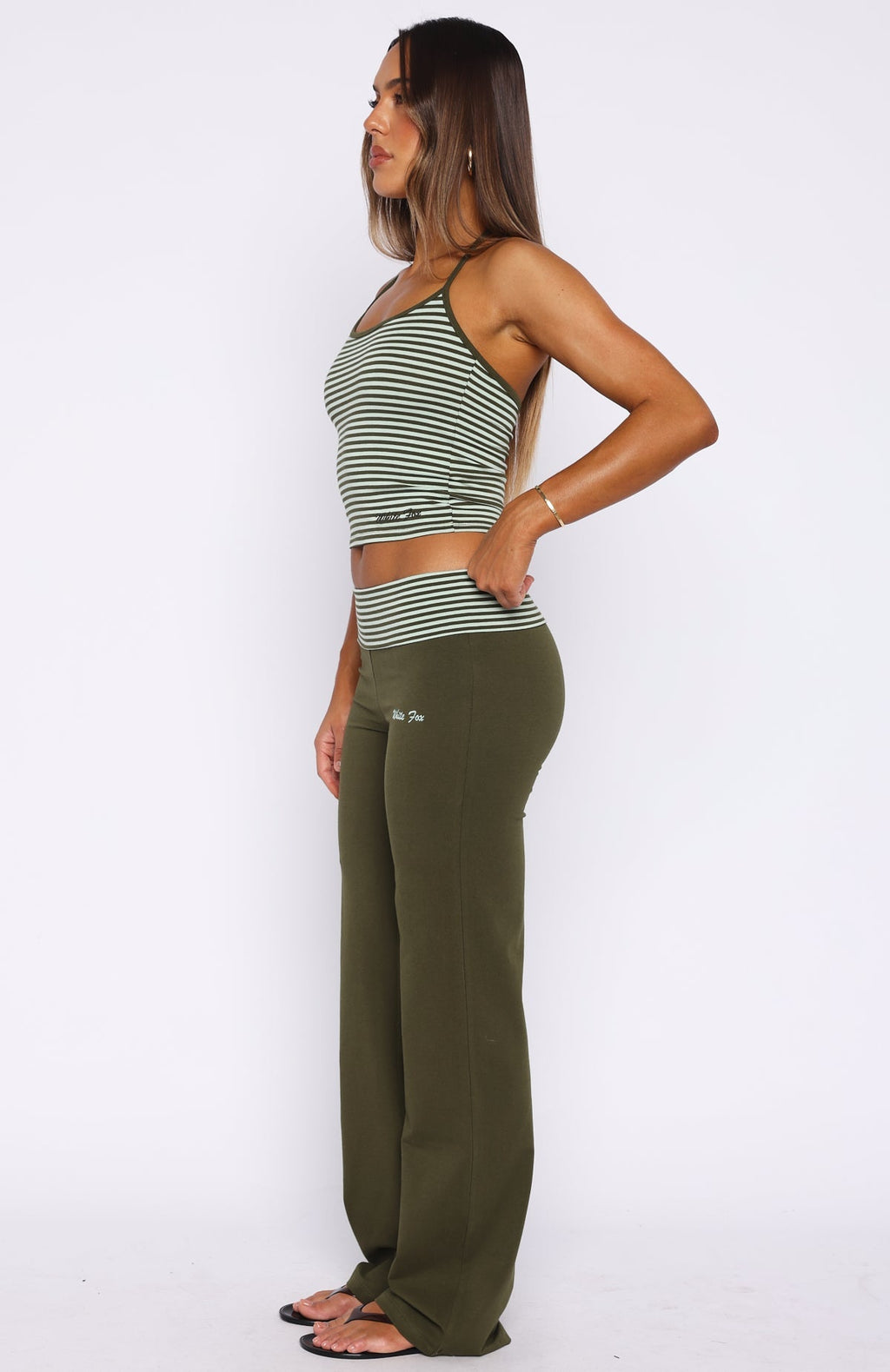 White Fox Lucky Charm Fold Over Pants Khaki / Mint Stripe
