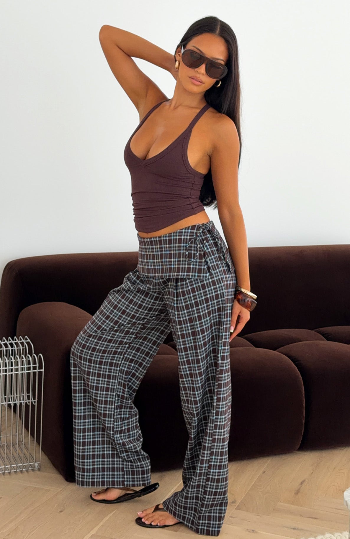 White Fox Where You Hold Me Pants Chocolate/Blue Plaid