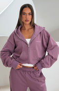 White Fox On My Own Terms Boxy Zip Front Hoodie Dusty Plum