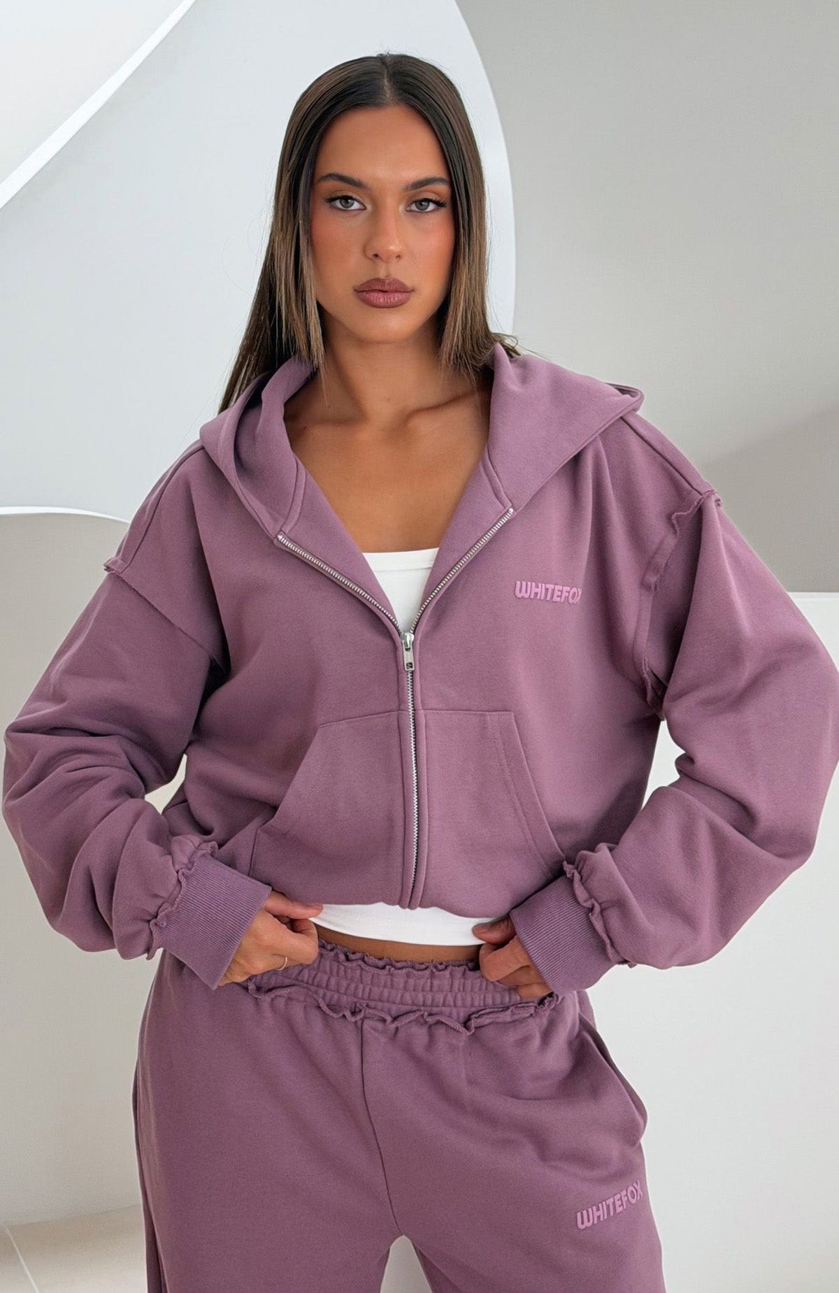 White Fox On My Own Terms Boxy Zip Front Hoodie Dusty Plum
