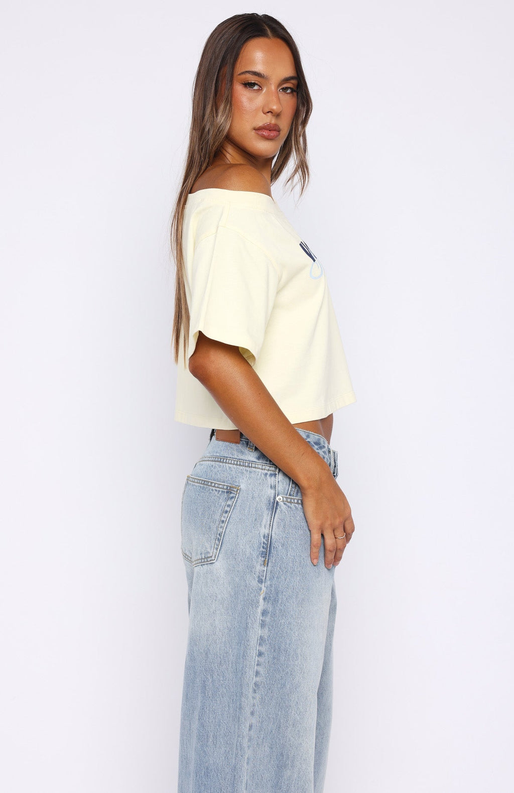 White Fox I've Got That Feeling Boxy Off Shoulder Tee Lemon