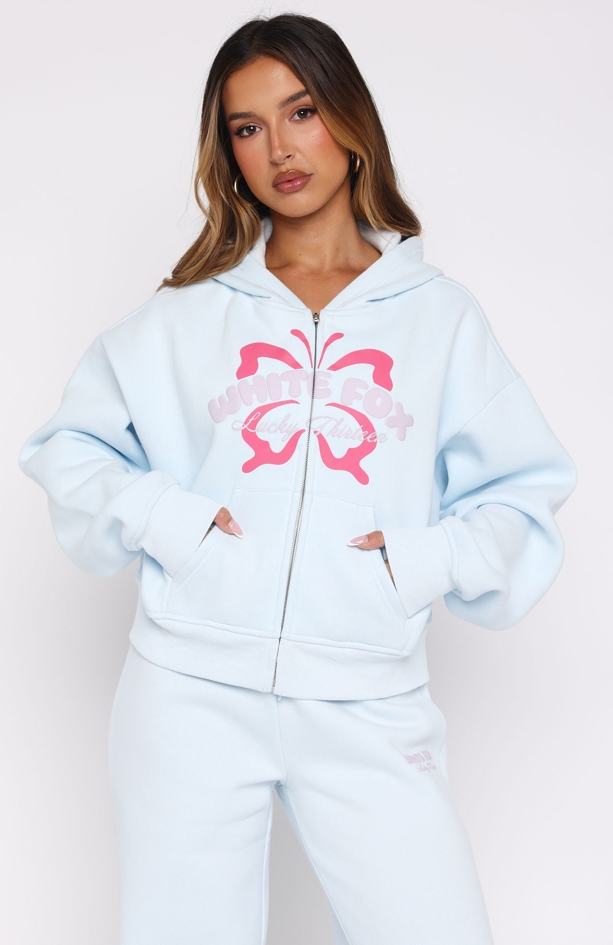 White Fox Lucky Thirteen Audrina Boxy Zip Front Hoodie Blue