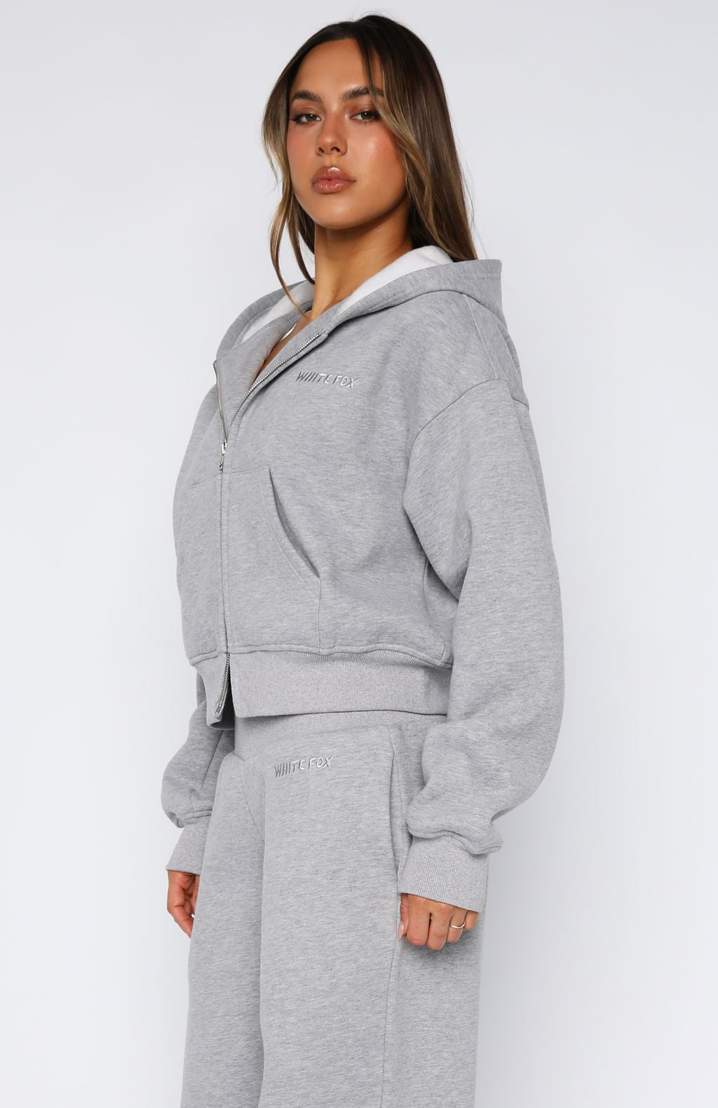 White Fox Come A Long Way Boxy Zip Front Hoodie Grey Marle