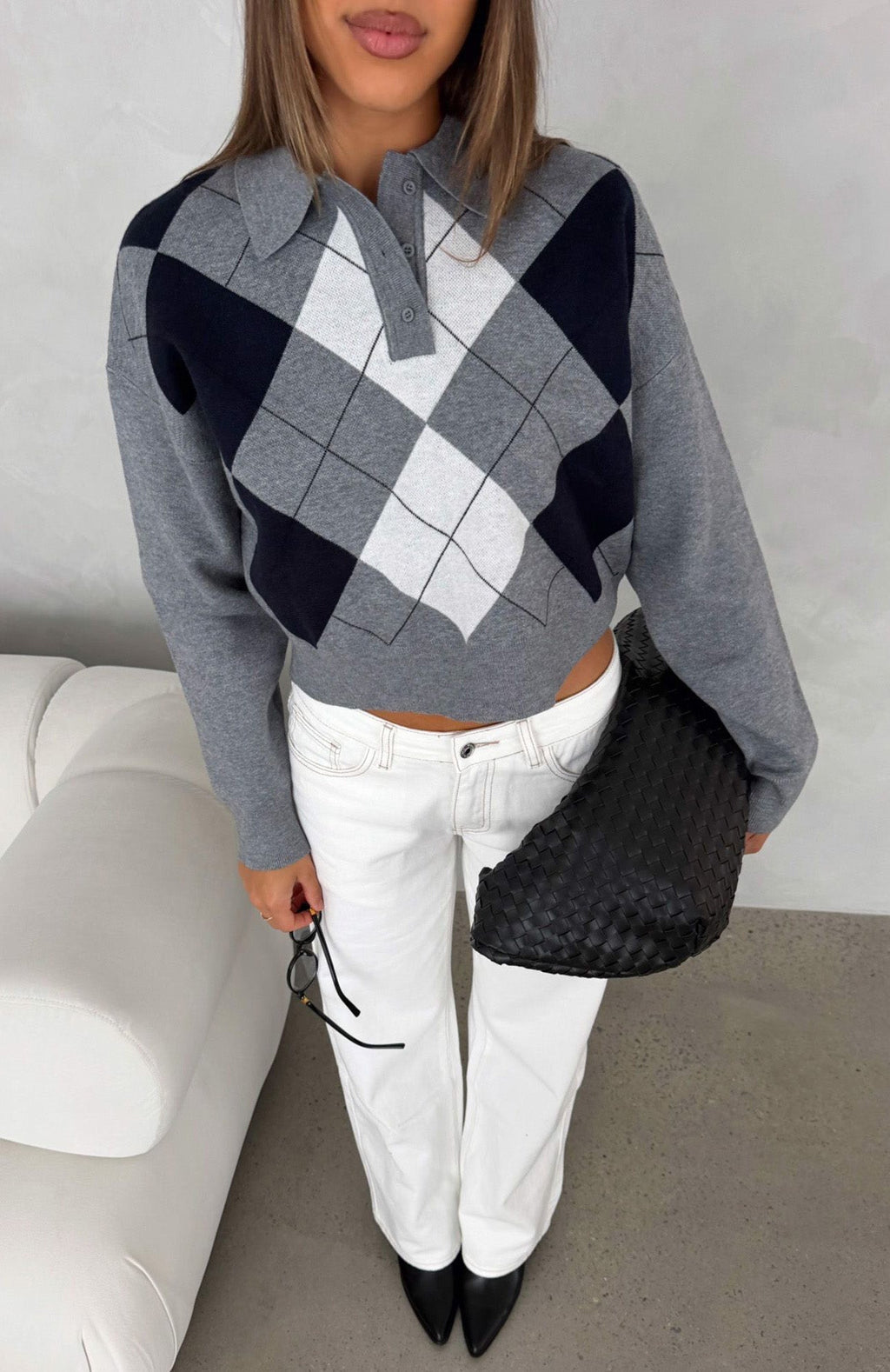 White Fox Cinzia Argyle Knit Sweater Navy Winter