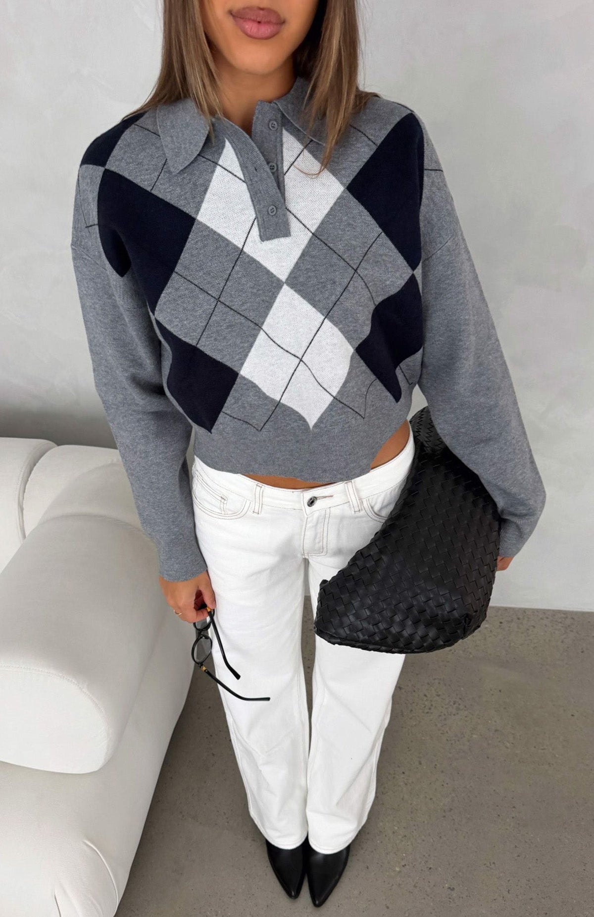 White Fox Cinzia Argyle Knit Sweater Navy Winter