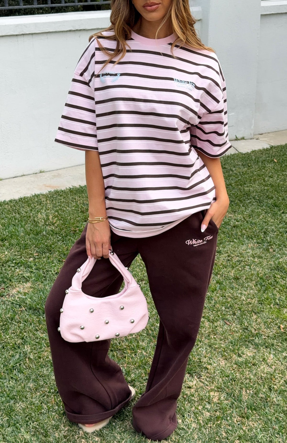 White Fox Verano Sixteen Viola Oversized Tee Pink Stripe