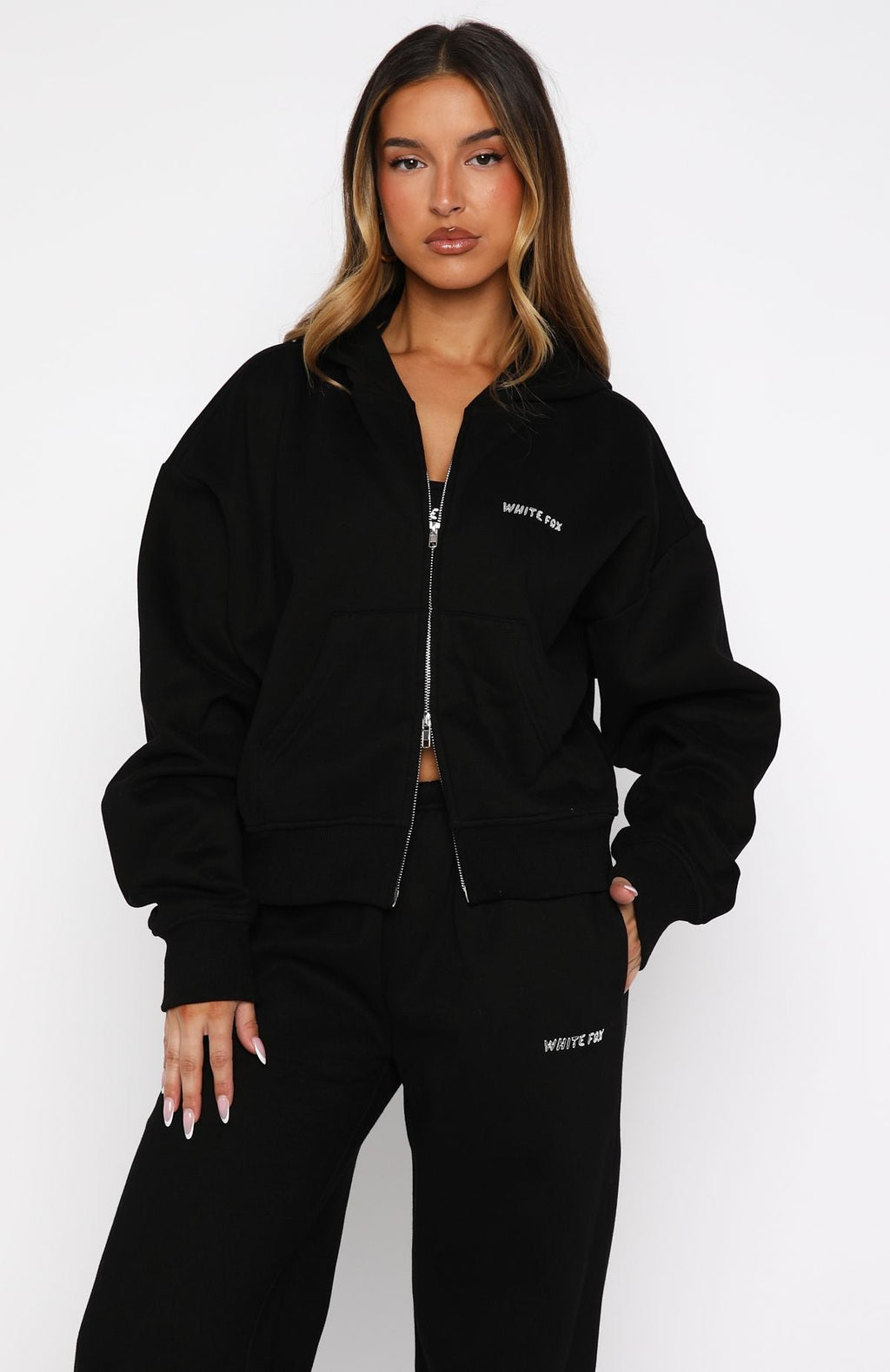 White Fox Test Drive Boxy Zip Front Hoodie Black