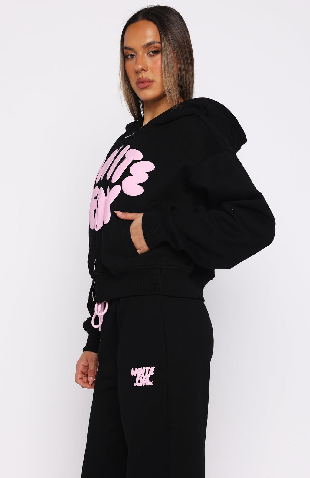 White Fox Club 14 Allie Boxy Zip Front Hoodie Black