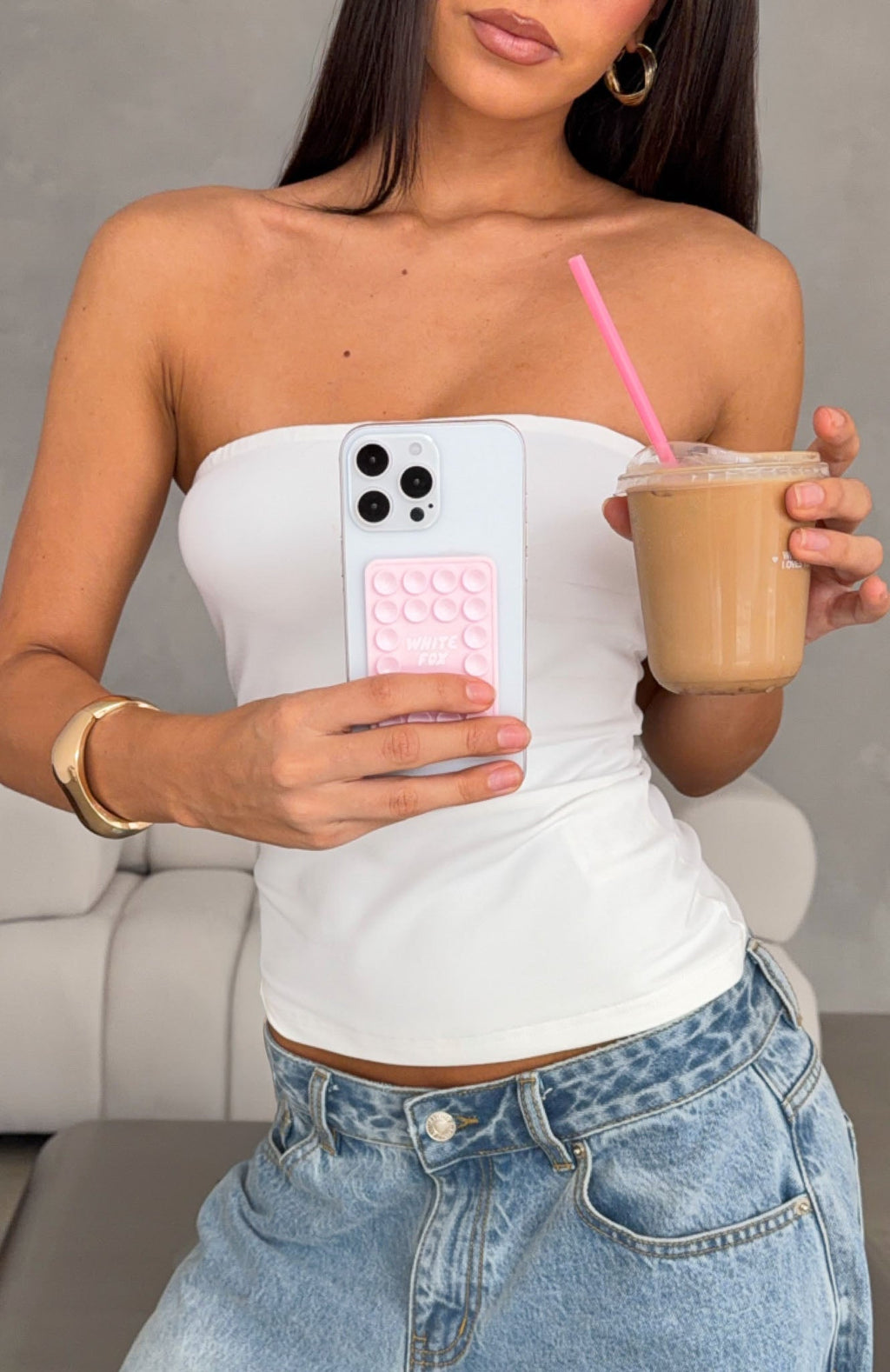 White Fox Calling My Cellular Phone Grip Pink/Cream