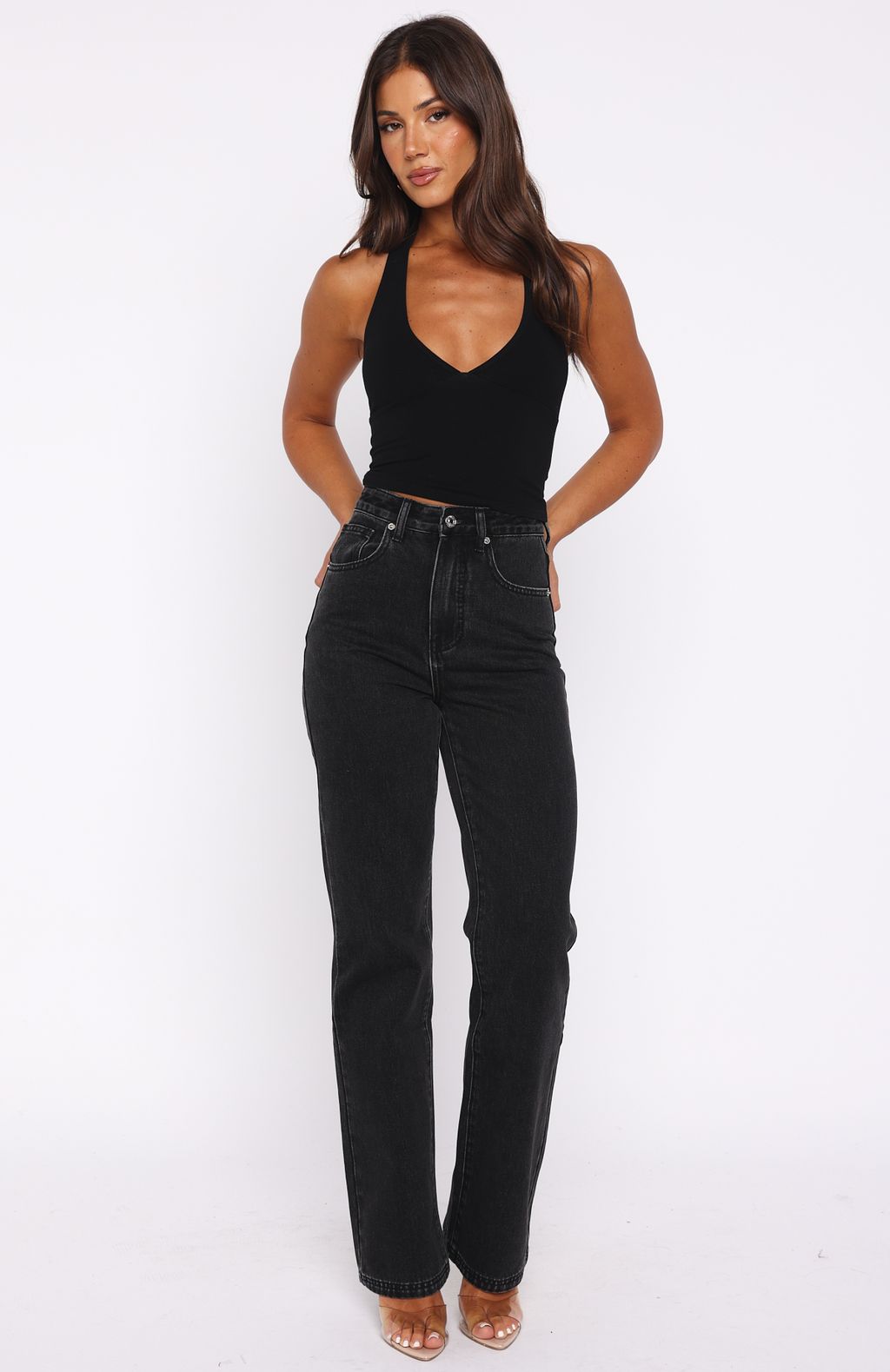 White Fox Alyssa High Rise Straight Leg Jeans Black Acid
