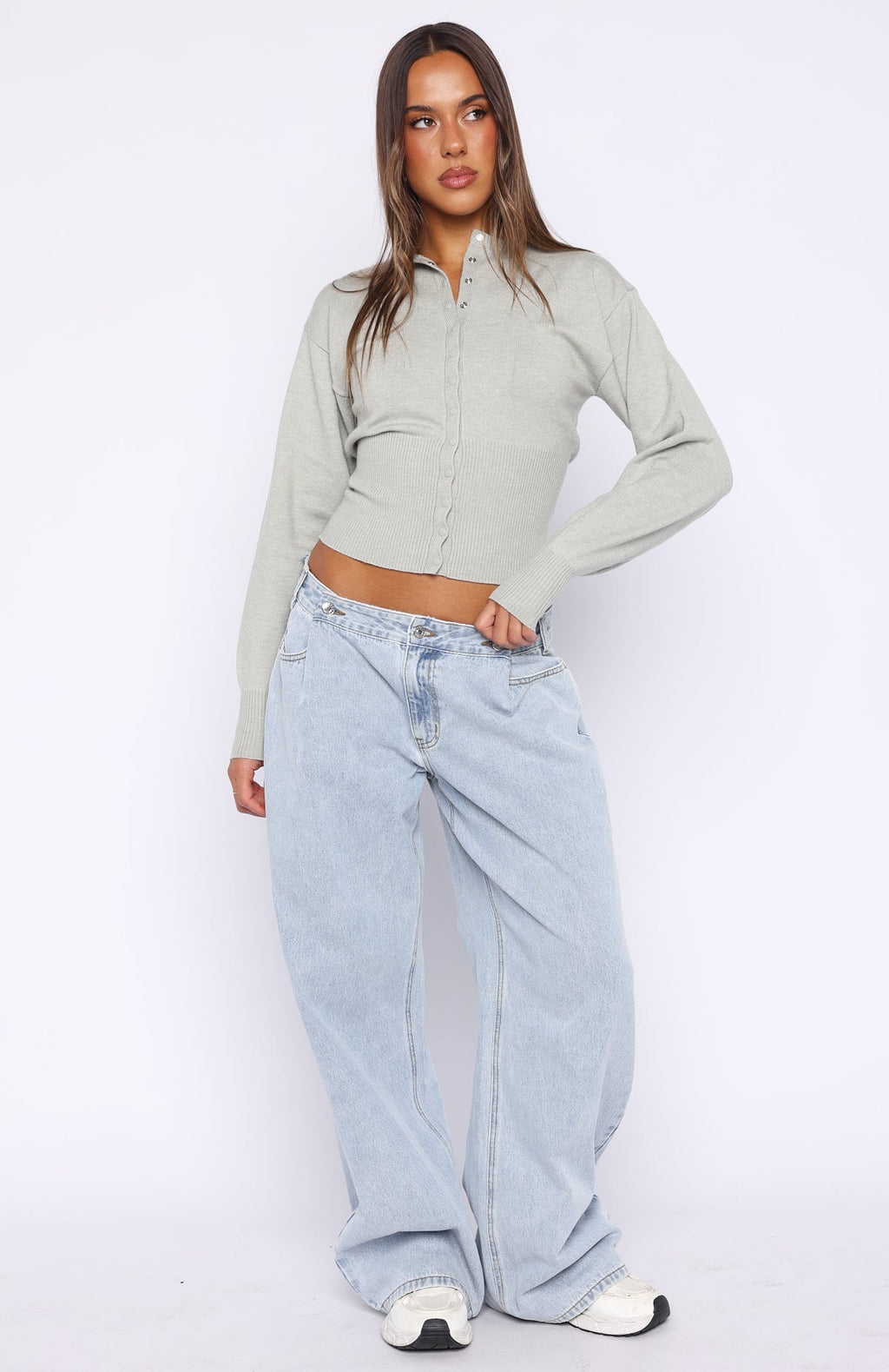 White Fox Cindy Cinched Knit Top Grey