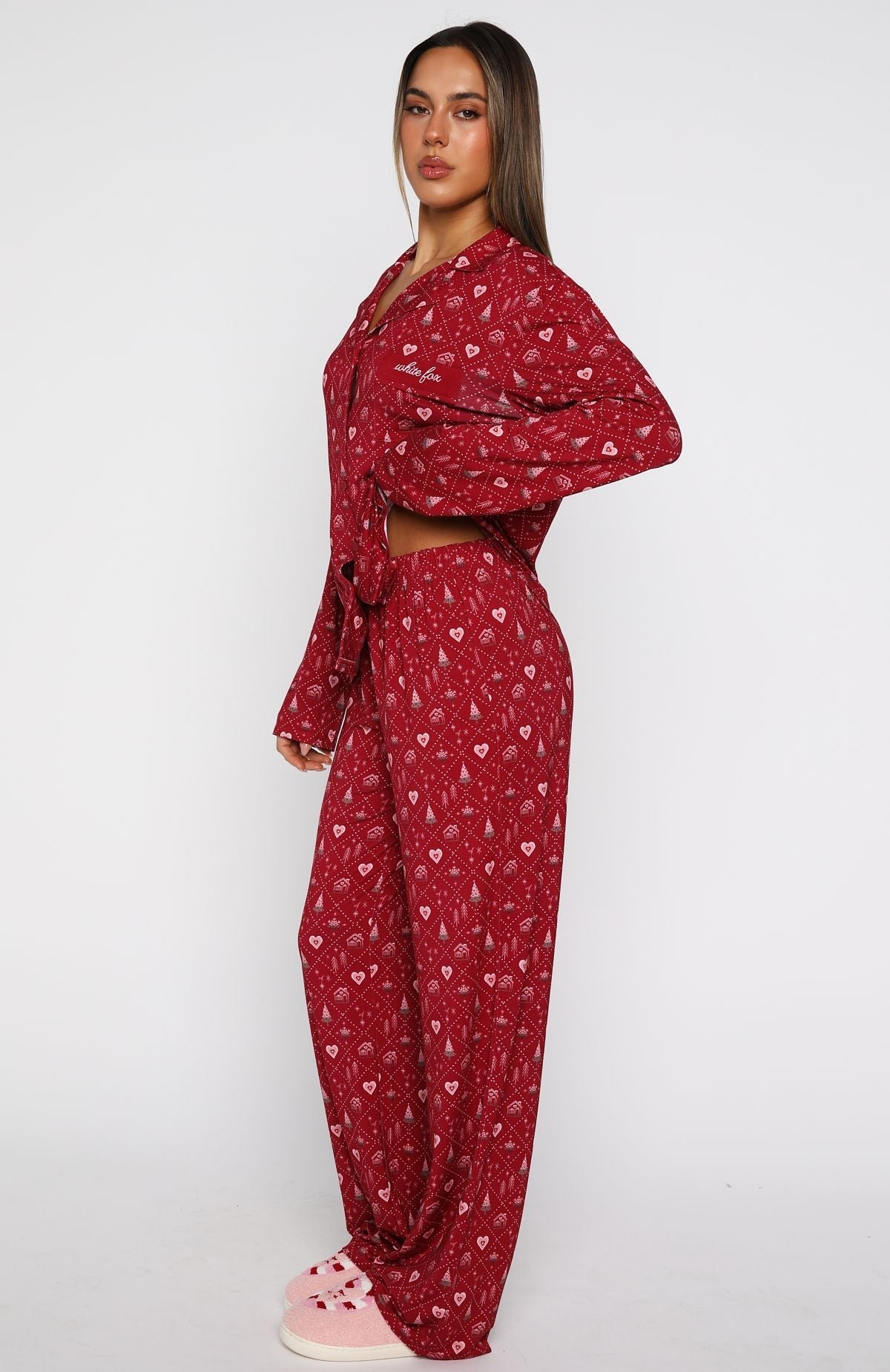 White Fox Pillow Talk Printed Long Sleeve Pyjama Set Cherry Noel