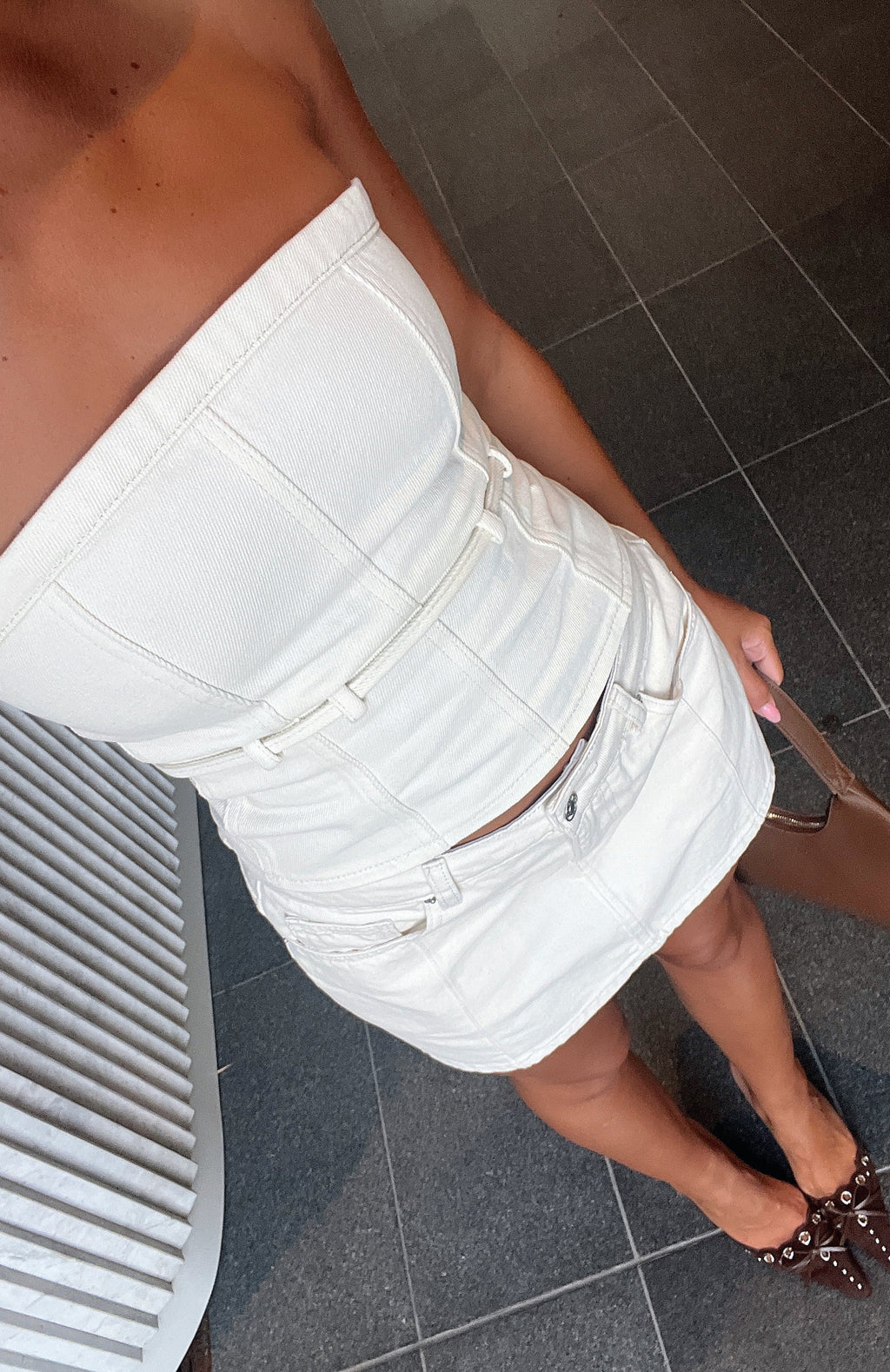 White Fox Leah Strapless Denim Top Cream