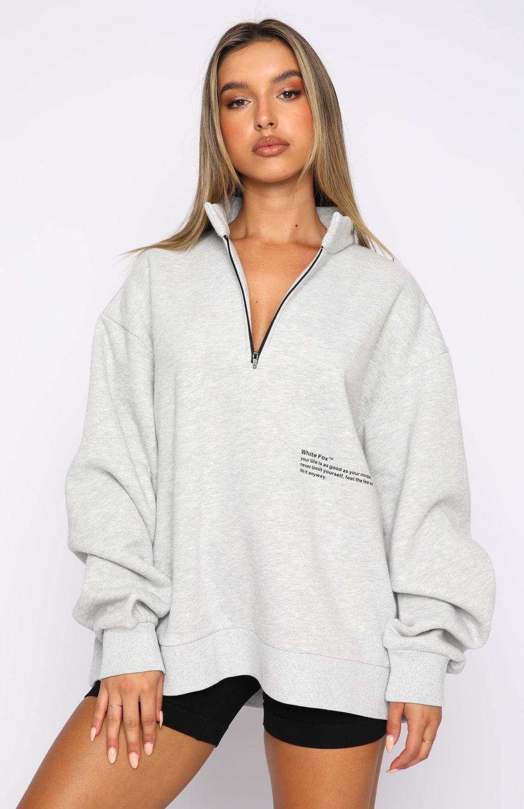 White Fox Caught Up With You Zip Front Sweater Grey Marle