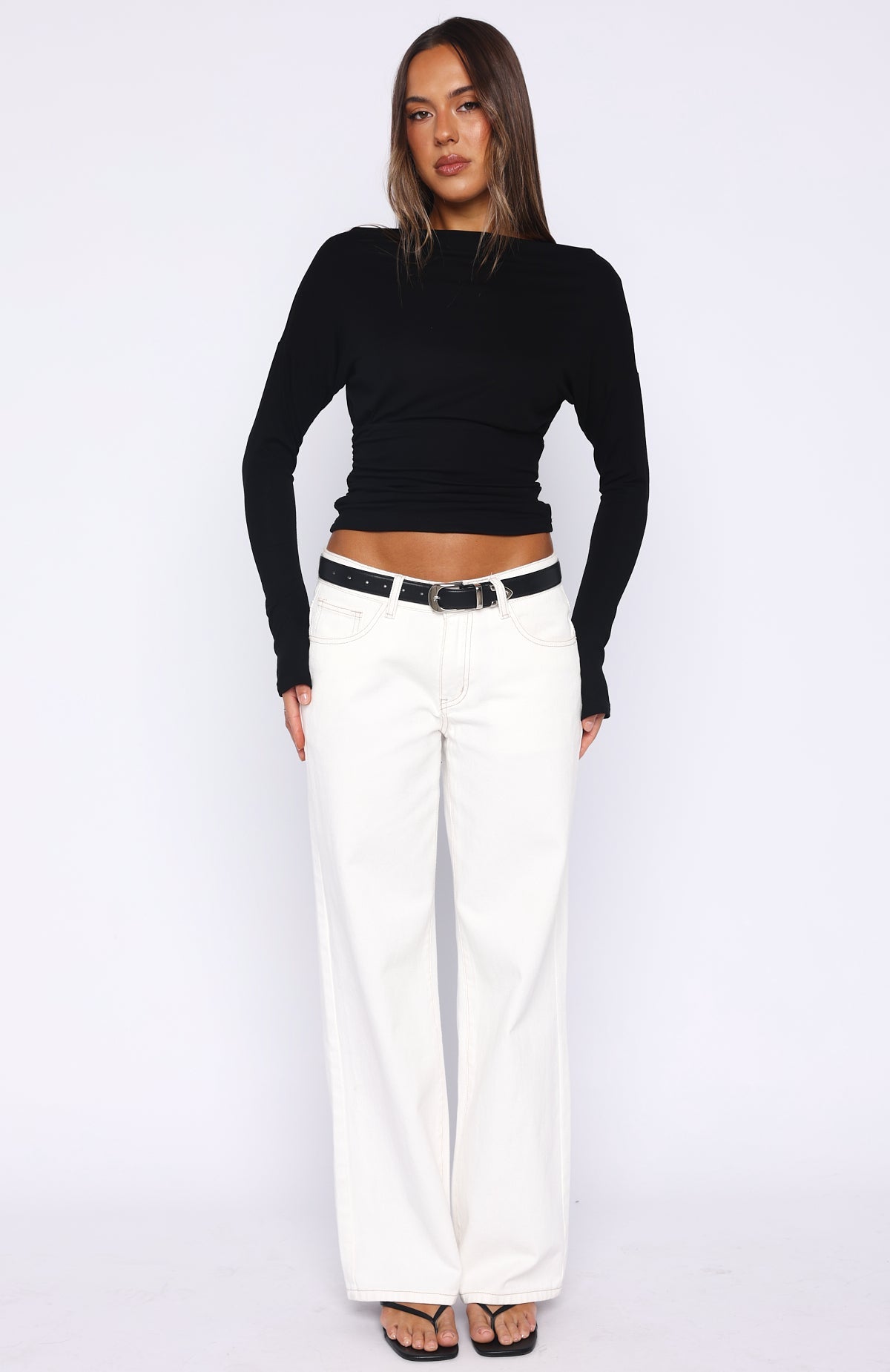 White Fox Another Time Cinched Waist Long Sleeve Top Black