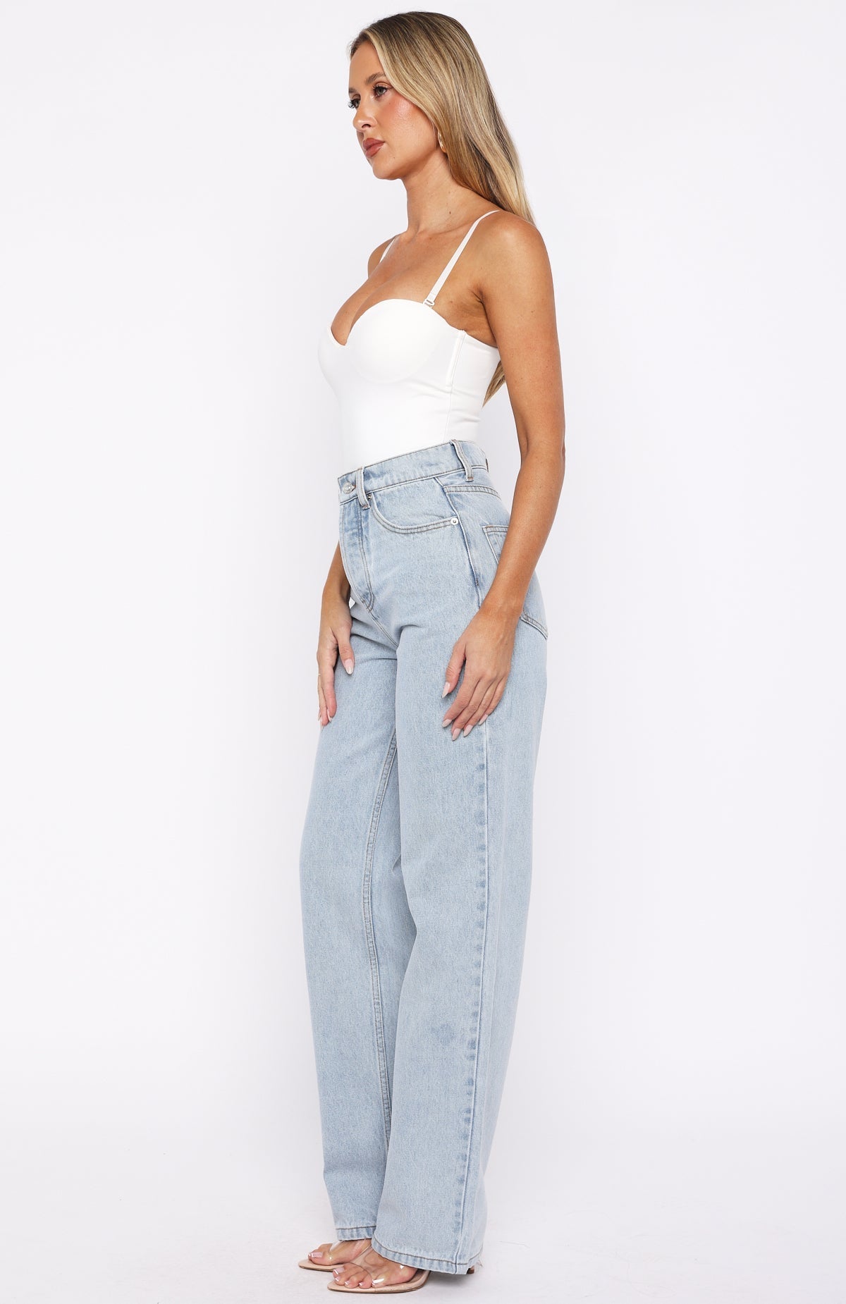 White Fox Always With Me High Rise Straight Leg Jeans Mid Blue