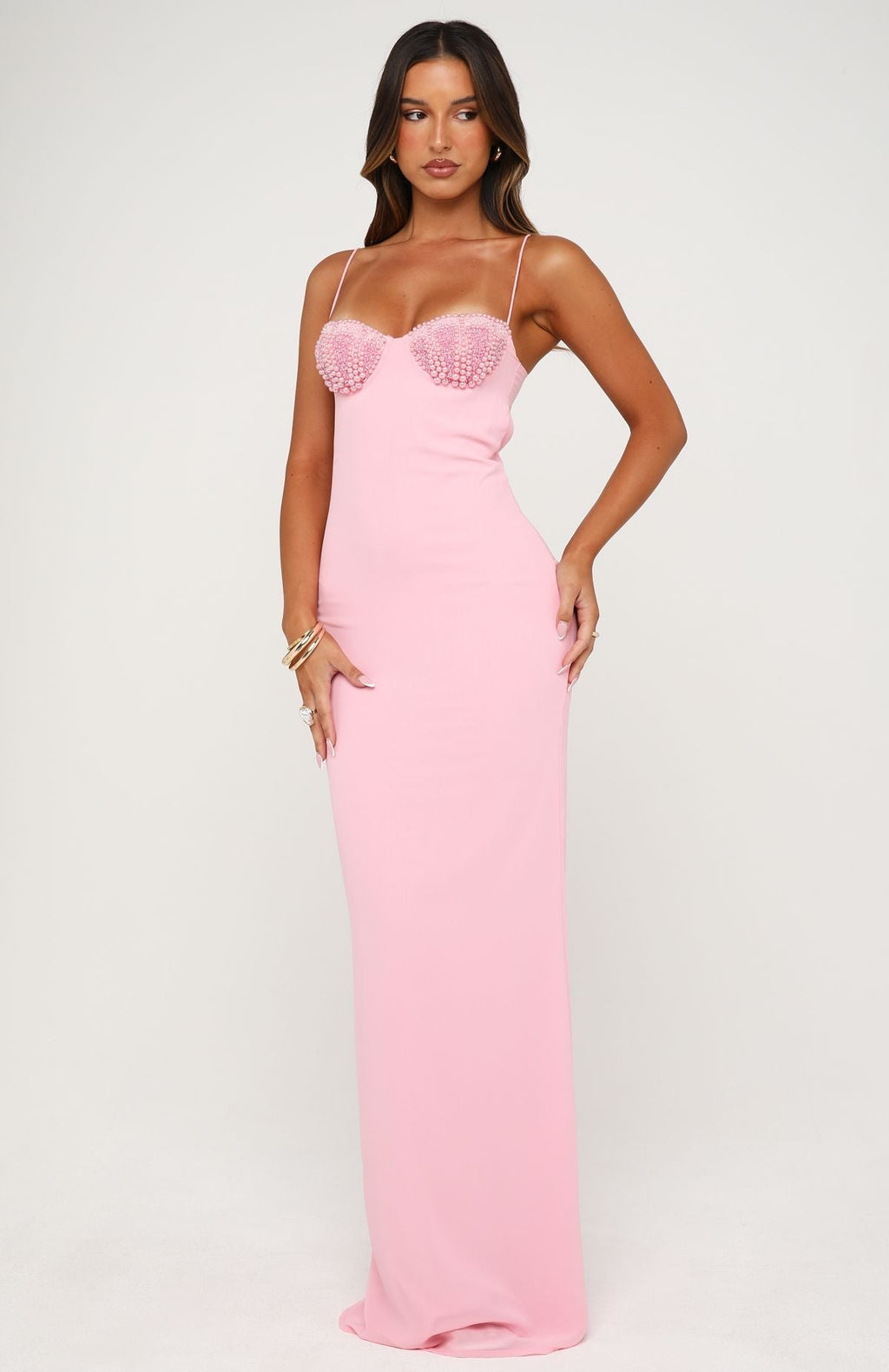 White Fox Motel Mermaid Beaded Maxi Dress Candy Pink