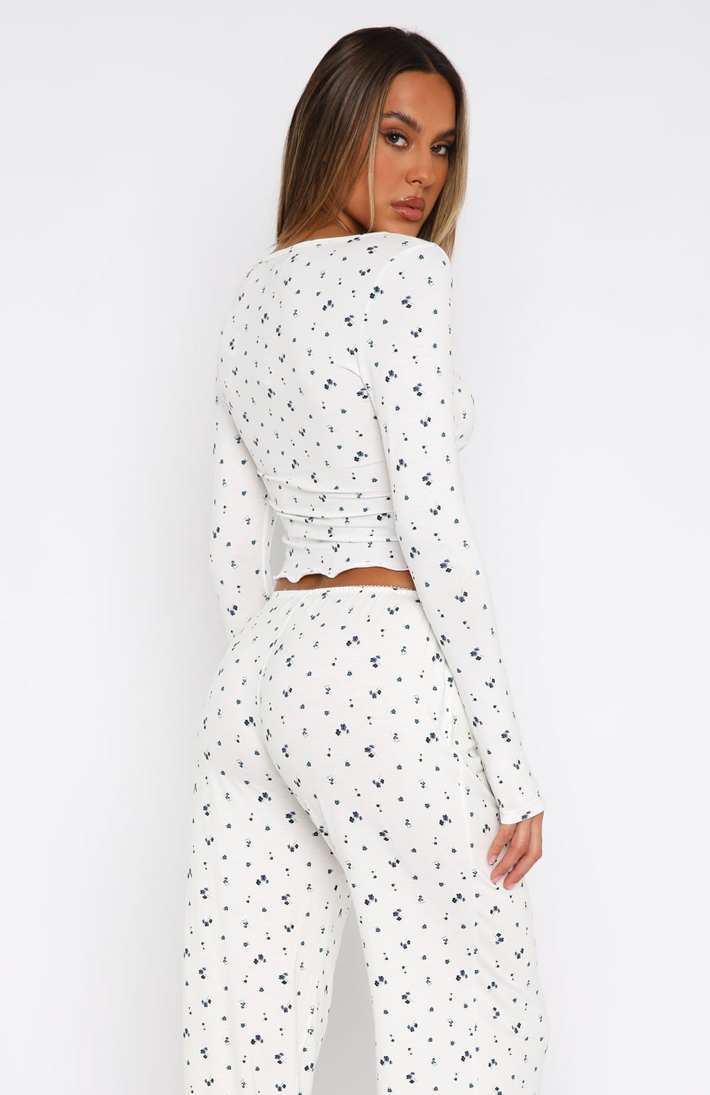 White Fox Dreamy Long Sleeve Pyjama Top Ditsy Blues