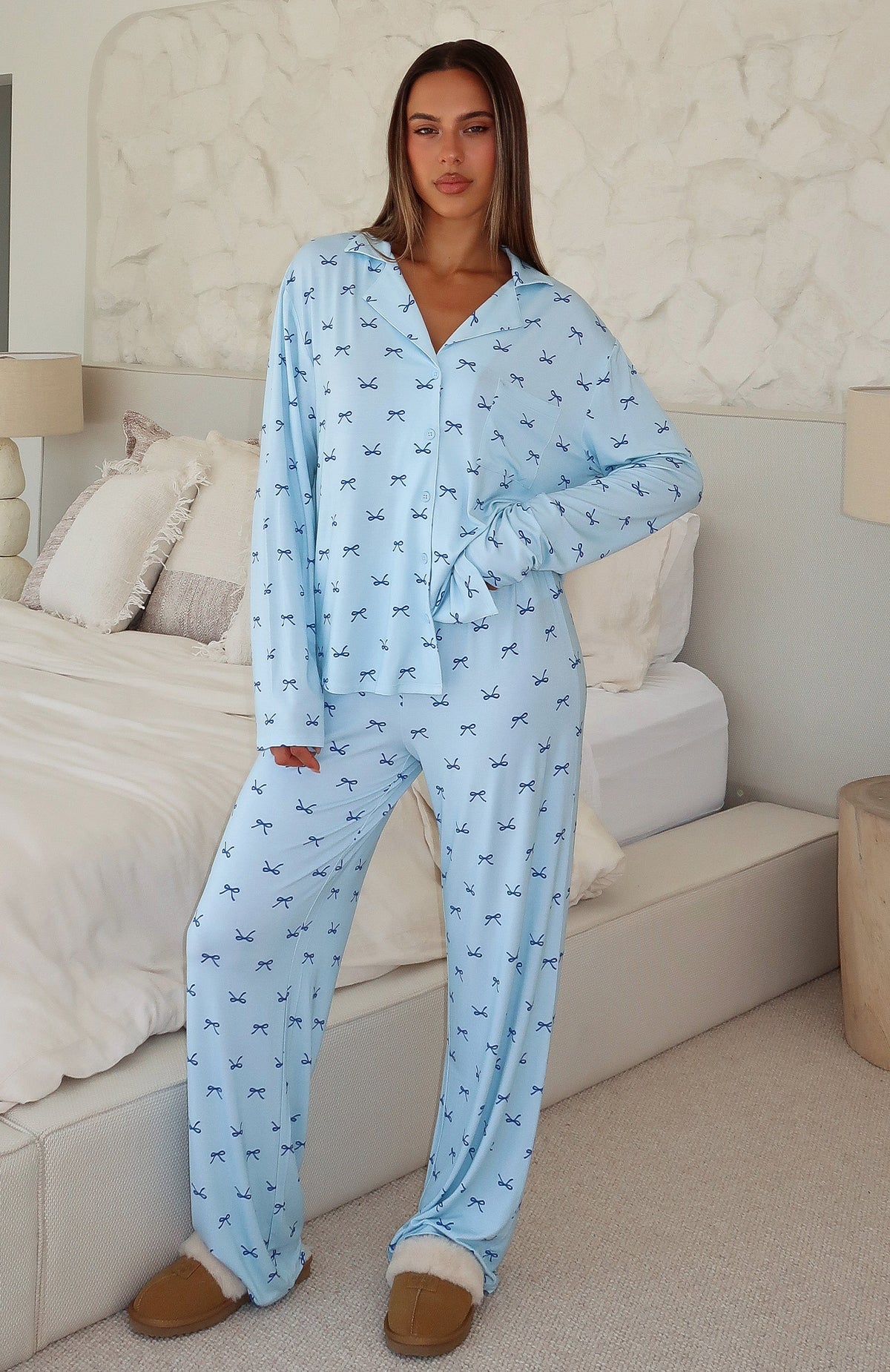 White Fox Pillow Talk Printed Long Sleeve Pyjama Set Sky Ribbons