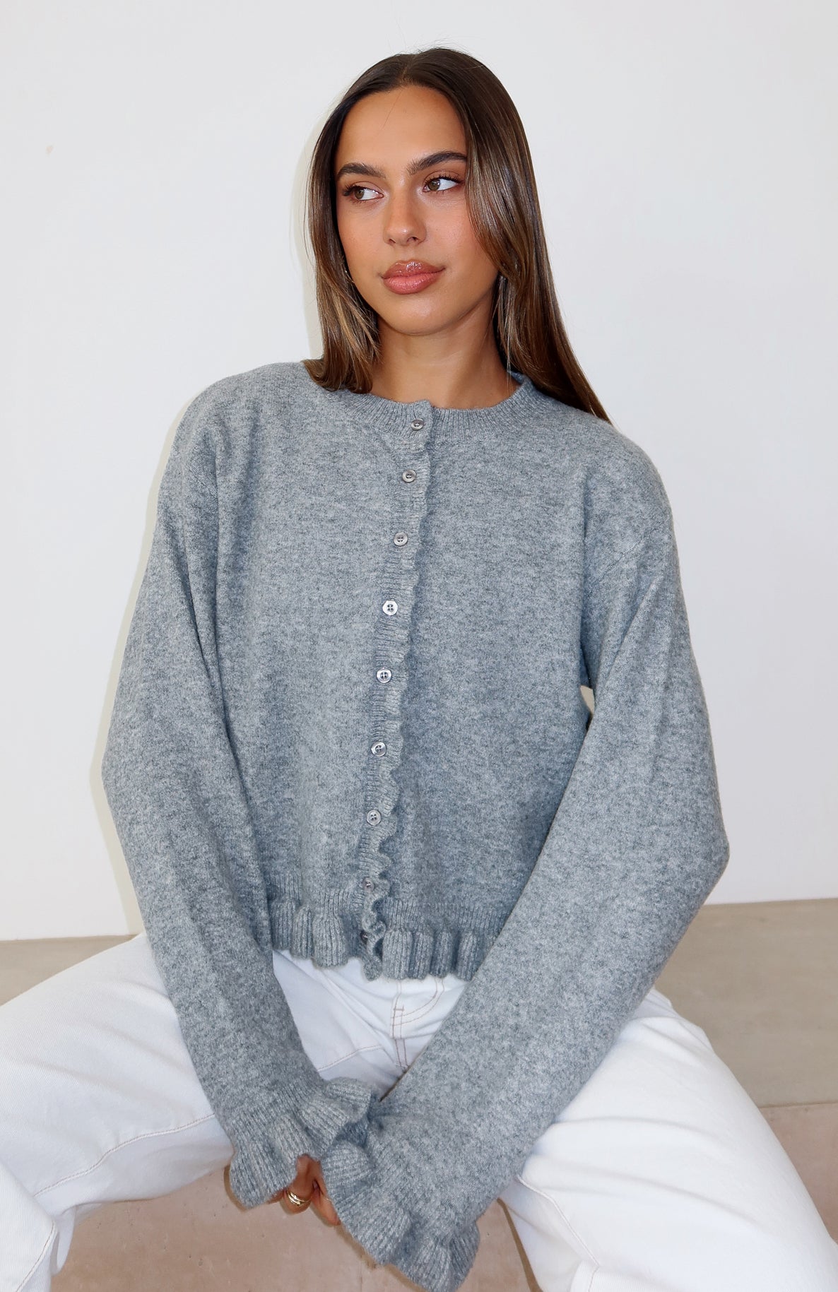 White Fox Cardi Club Knit Cardigan Heather Grey