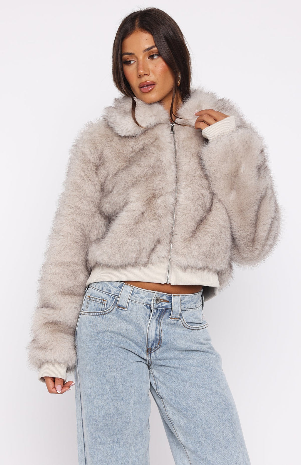 White Fox Glacial Chic Faux Fur Bomber Jacket Smokey Taupe