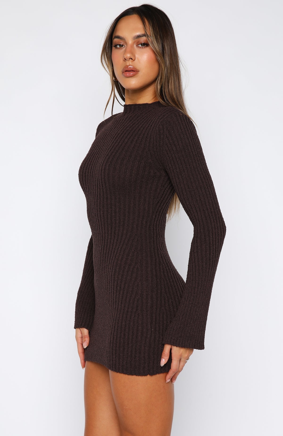 White Fox Get On Down Long Sleeve Knit Mini Dress Chocolate