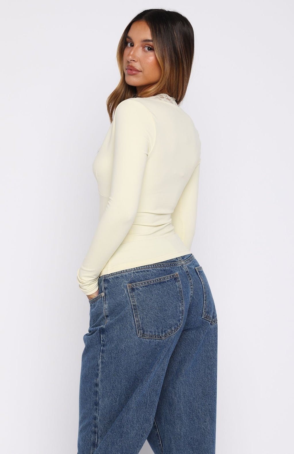 White Fox Knew That All Along Lace Trim Long Sleeve Top Lemon