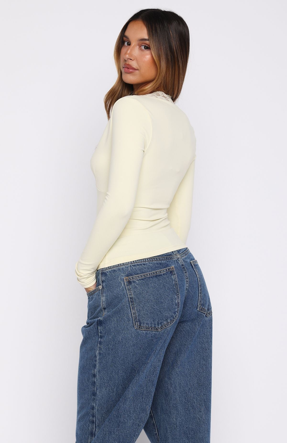White Fox Knew That All Along Lace Trim Long Sleeve Top Lemon