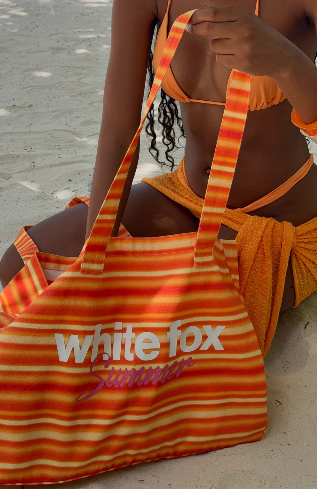 White Fox Sunny Sunset Tote Bag Sun Stripe Orange