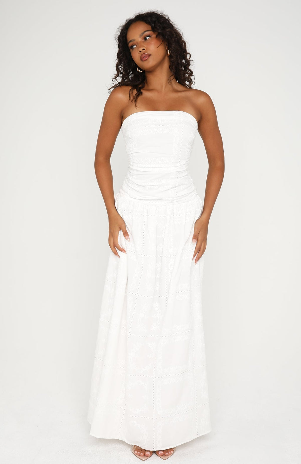 White Fox Bittersweet Babe Strapless Broderie Maxi Dress White
