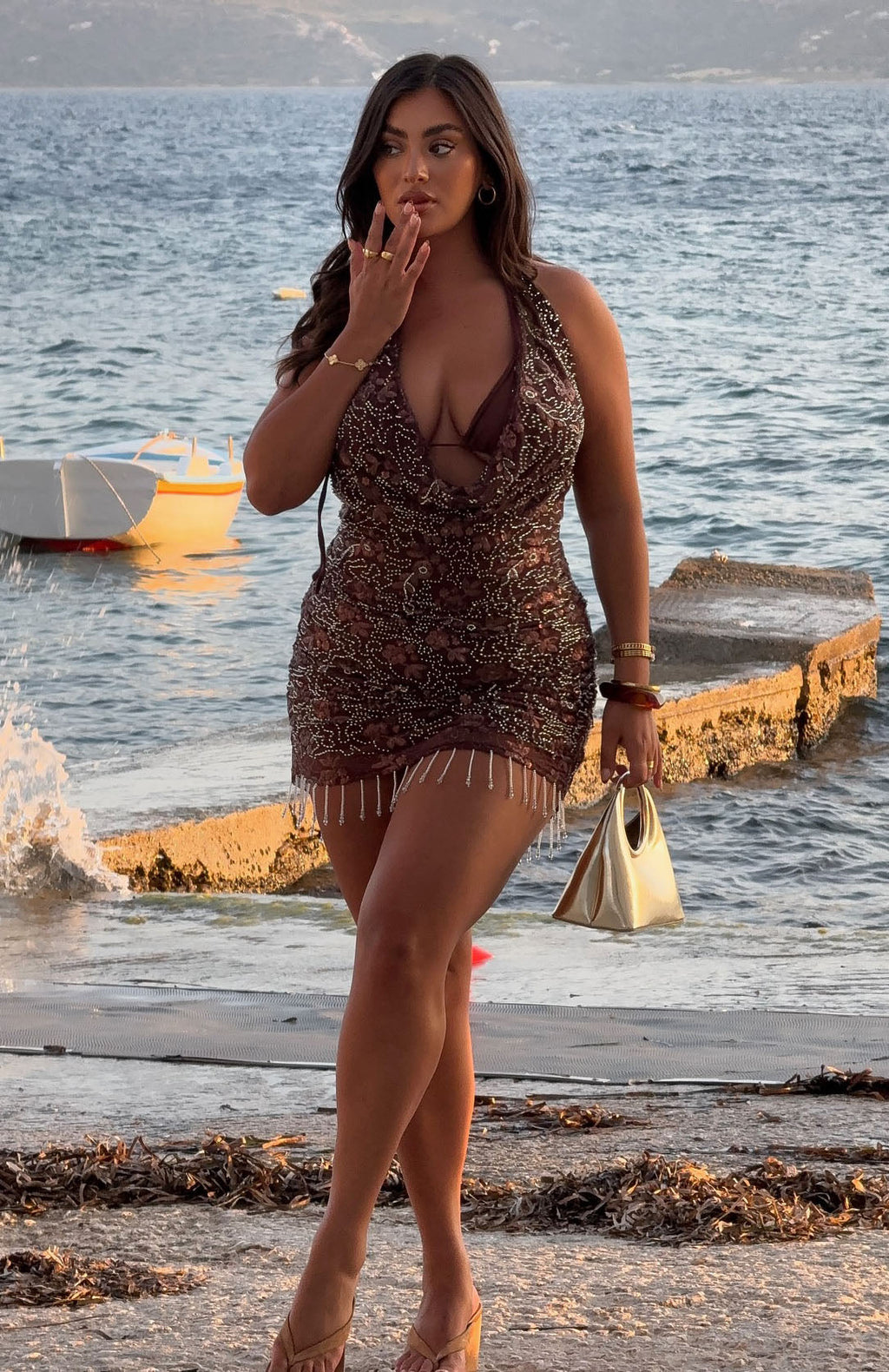 White Fox Barcelona Dreams Beaded Mini Dress Chocolate