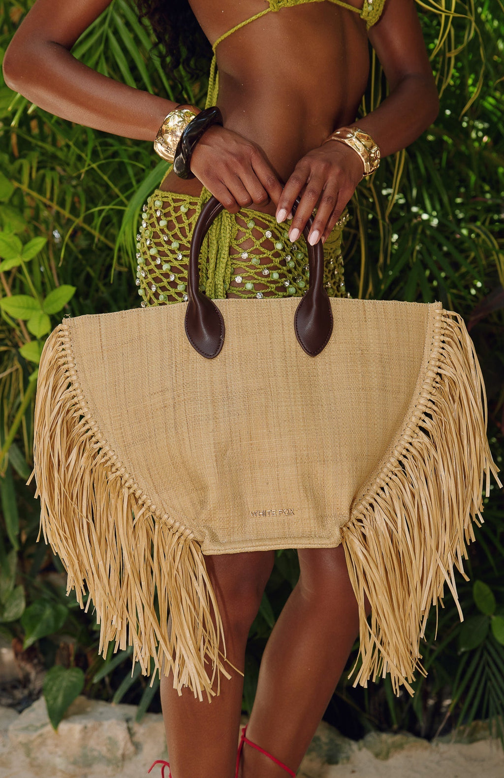 White Fox Aoife Top Handle Straw Bag Chocolate/Natural