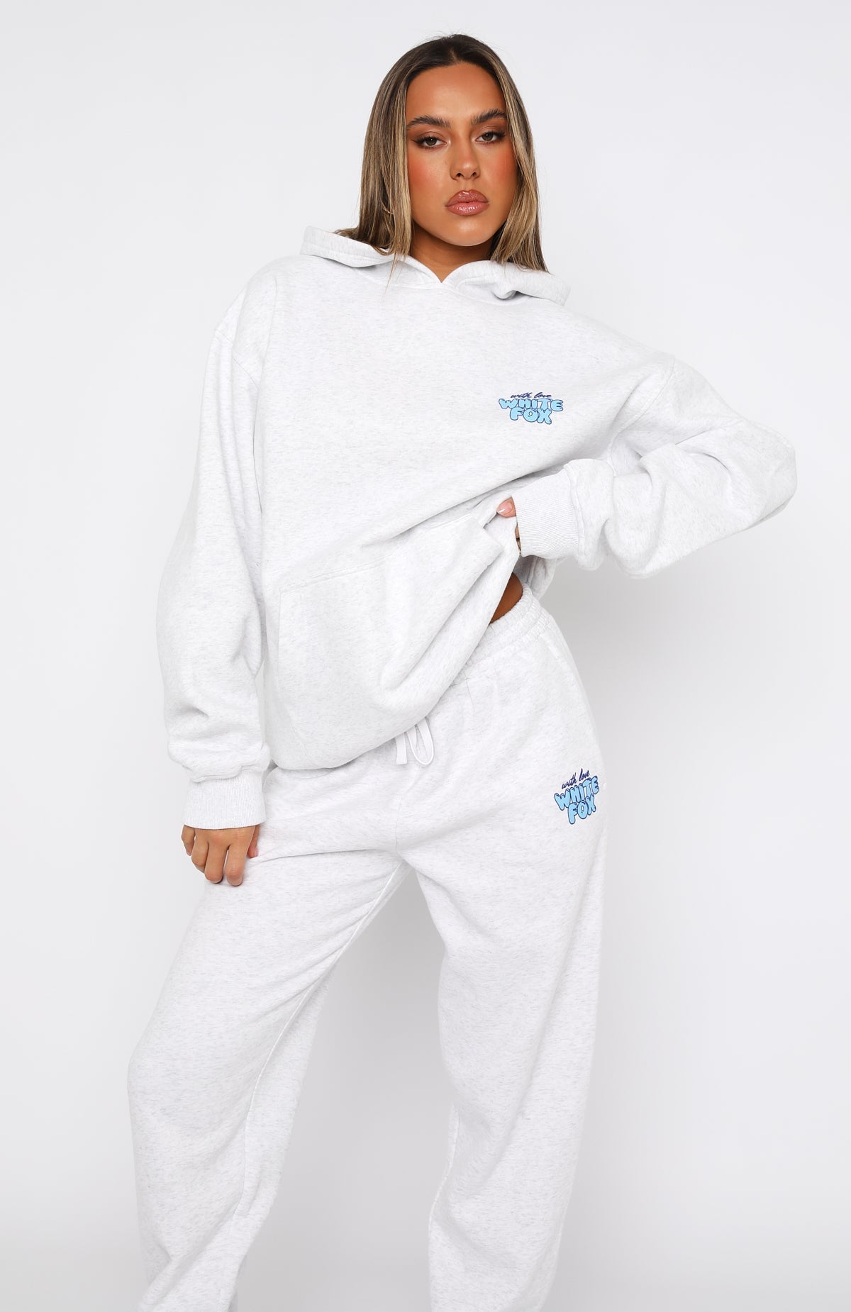 White Fox With Love Always Oversized Hoodie Grey Marle