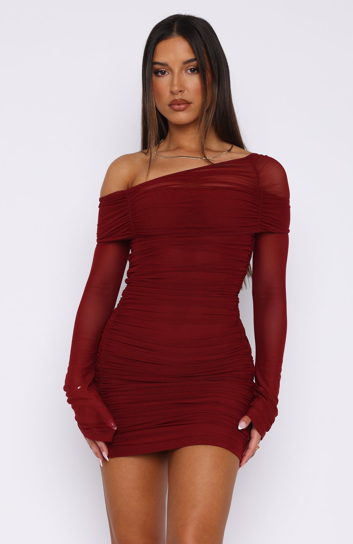White Fox I Feel Love Long Sleeve Mini Dress Burgundy